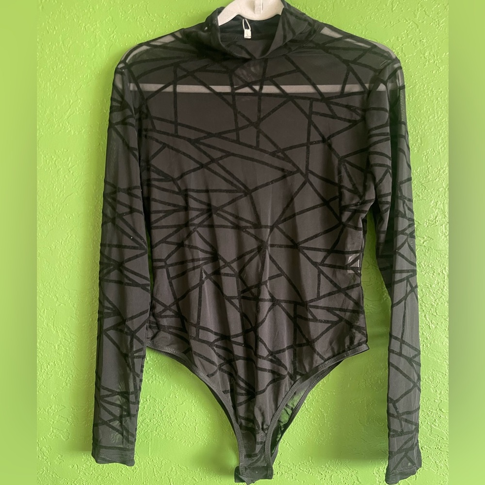 Sheer Geometric Velvet Mock Neck Bodysuit w/Tags Still Attached Size Large